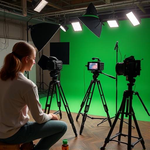 Alunos praticando técnicas de atuaäão para cinema em um set de filmagem simulado