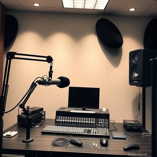 Estüdio de gravaäão profissional equipado com microfones e equipamentos de áudio